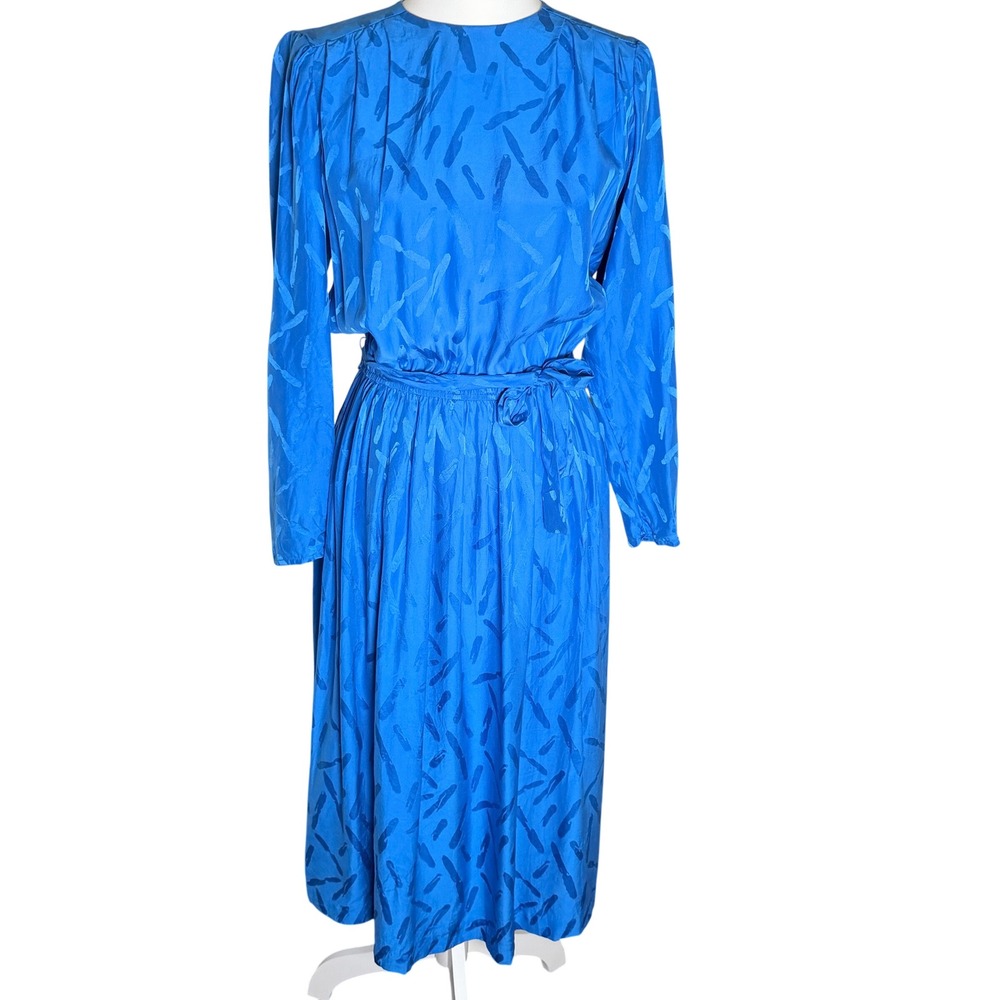 Vintage Argenti Blue 100% Silk Jacquard Midi Dress Sz 6 80's Artsy Coastal READ
